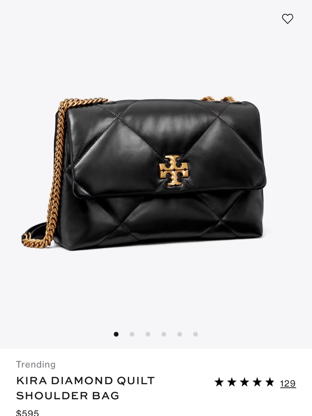 Tory Burch Black Kira Diamond Quilt Shoulder Bag with Gold Hardware
